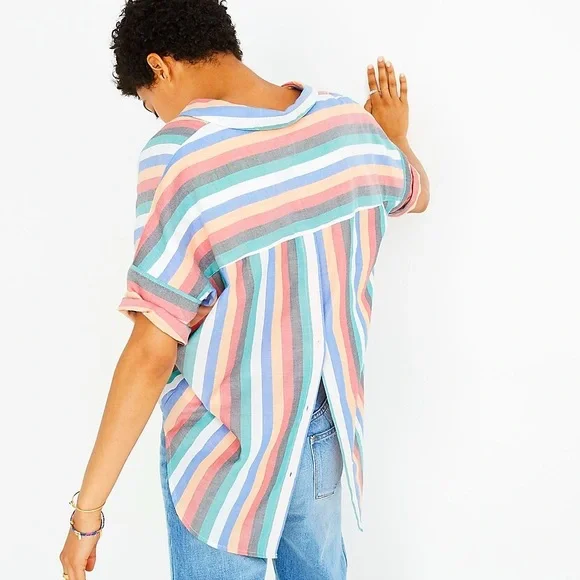 Madewell Rainbow Striped Collared Dolman Sleeve Button-Up Back Coattails Shirt - Picture 8 of 15